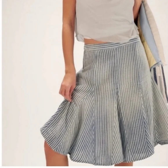 Free People Candace Midi Skirt Blue Stripe Medium - Picture 2 of 10